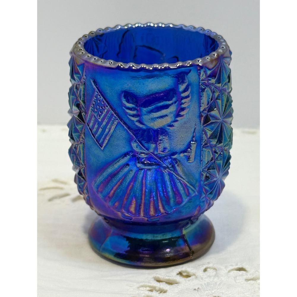 Blue Carnival Glass Betsy Ross with Flag Toothpick Holder Iridescent Votive - Picture 1 of 7